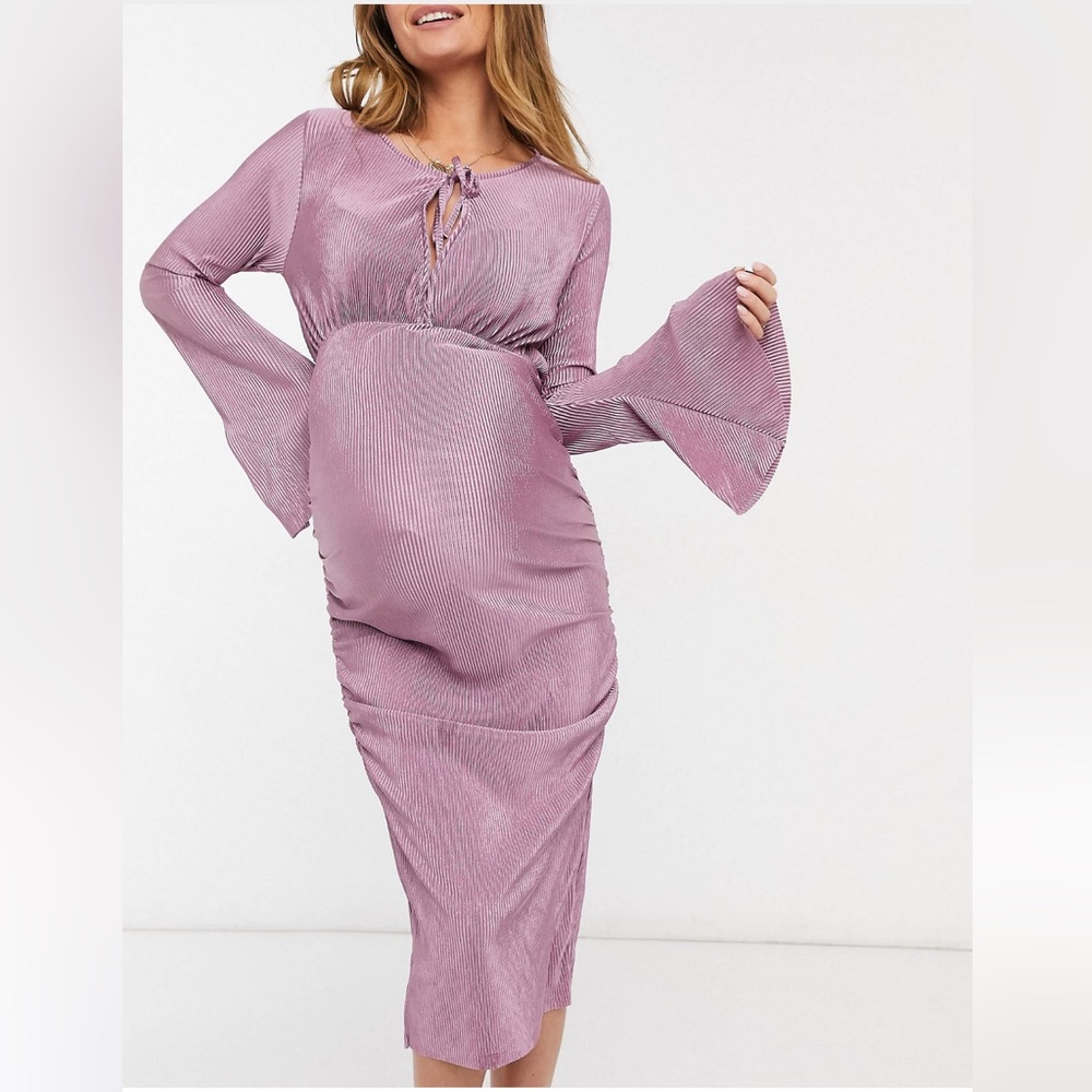 Maternity bell sleeve slightly shimmering midi dress with side ruching in lilac